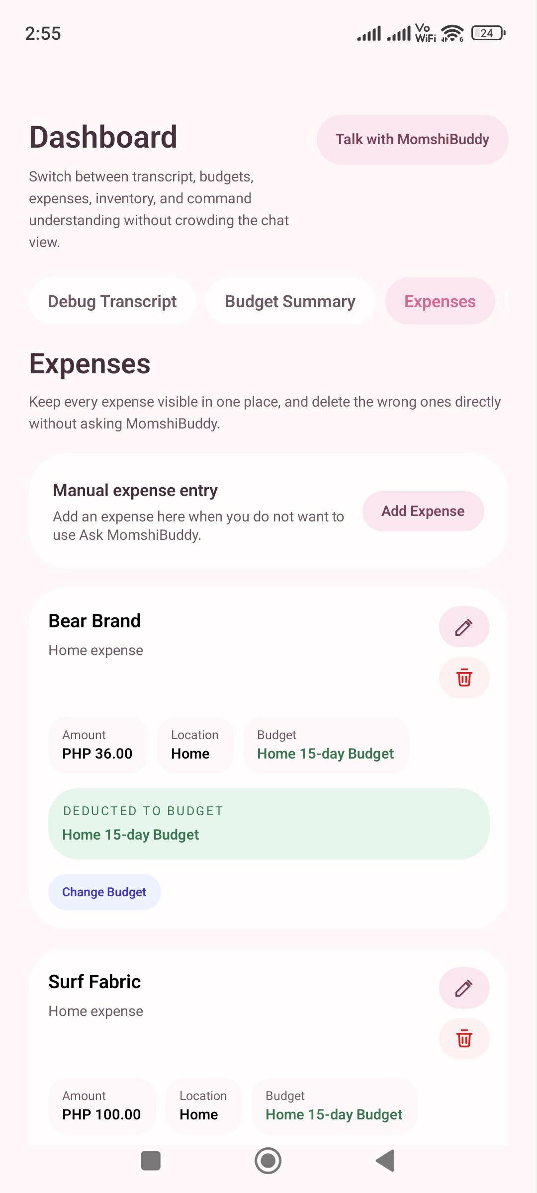 MomshiBuddy expenses screen